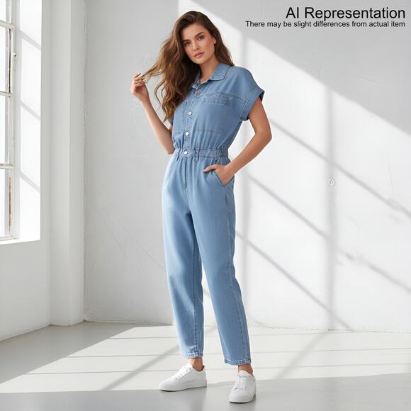 Denim Coveralls Women M Light Blue Button Up Roll Sleeve Utility Casual Trendy - Picture 1 of 13